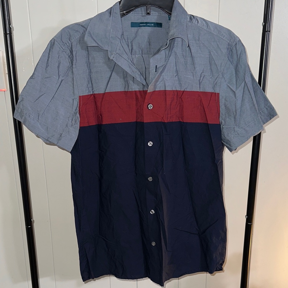 Perry Ellis Gray, Red, and Navy Casual Shirt